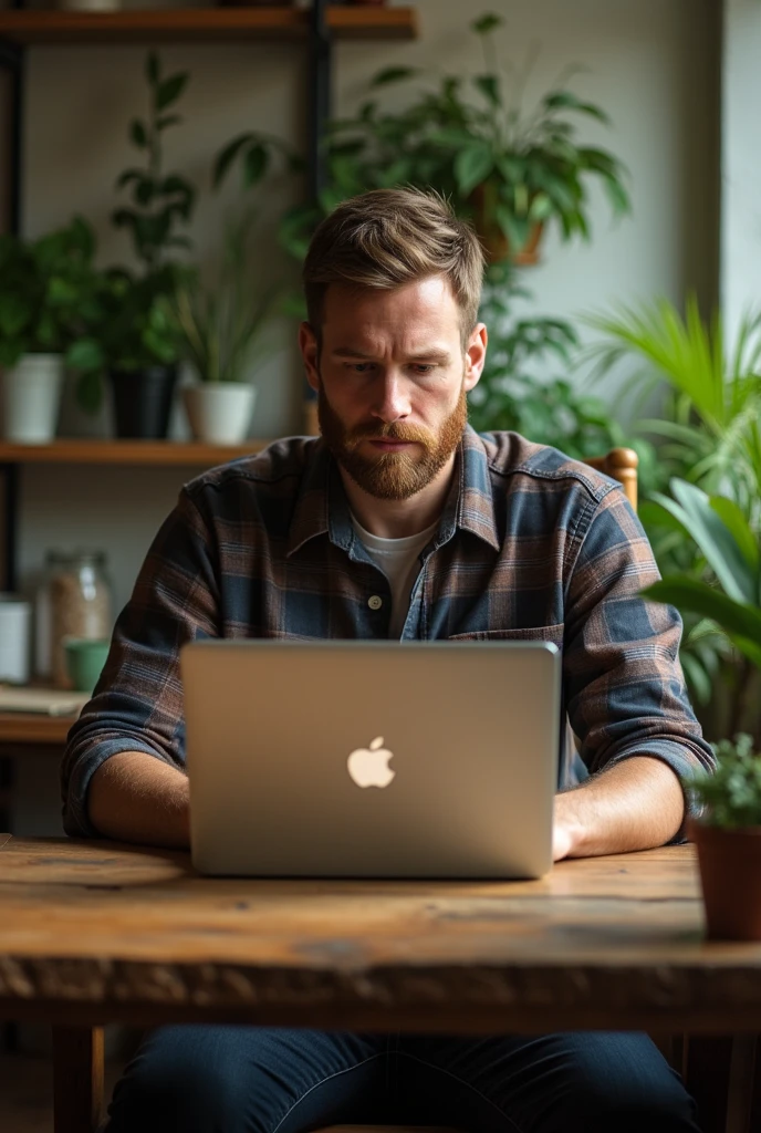 Man with a plaid shirt, sitting on a chair, working on a Macbook in a wooding desk, short hair, light beard, few plants on background