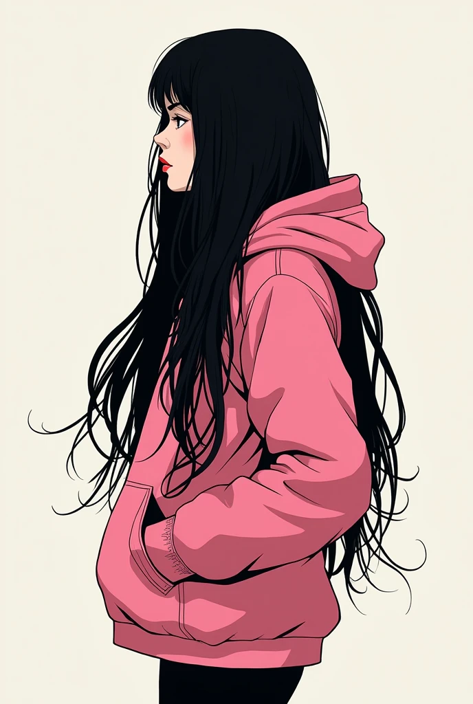 A very thin girl from behind with a pink hooded jacket. It's long black hair, falling, down to the lower back in a graphic style. 2D comic strip