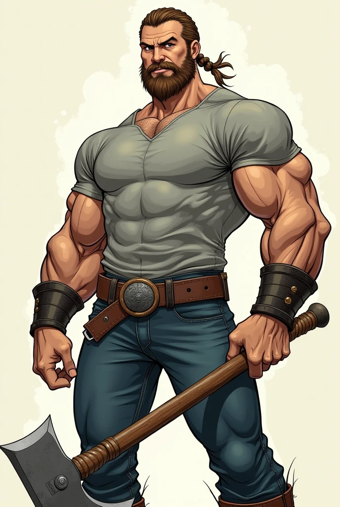 Man muscular figure short beard Viking style hairstyle with braid, T-shirt and tight jeans medieval axe in hand manga style