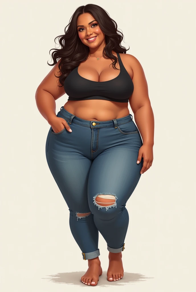 Black woman with black features with curly hair dyed green colors, vibrant red eyes and black iris, medium hair, black jacket, dark red t-shirt, dark blue jeans, squeezed would be looking forward, semi realistic style, 3d anime, plump,fat