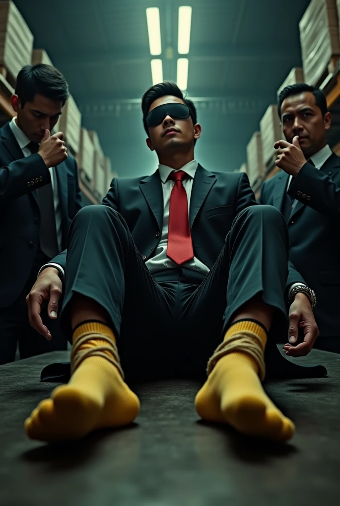 Malaysia malay handsome 23 years celebrity
His hand tied up behind with rope in warehouse
Blindfolded
Feathers
Black Suit and Red tie
feet on desk
5 toes each feet
Yellow stinky sock
Two mafia pinch thier nose