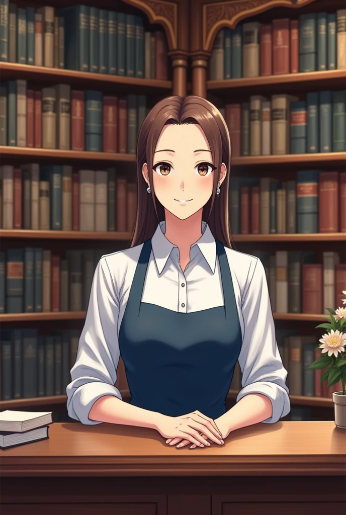 CREATE A DRAWING OF AN ADULT WITH BROWN HAIR PARTED IN THE MIDDLE, White skin color, WITH FORMAL CLOTHES IN BLUE AND WHITE, SERVING IN A BOOKSTORE
