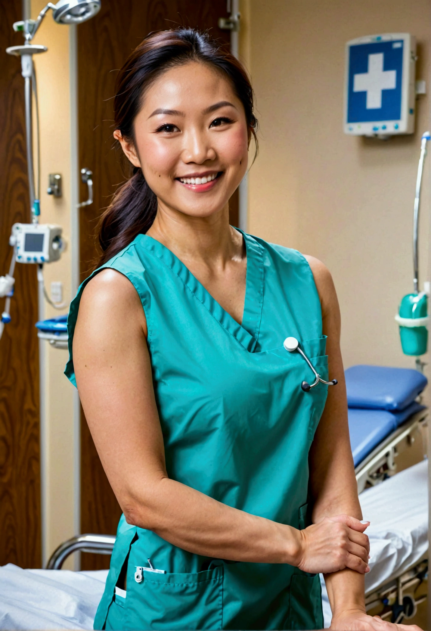 Beautiful athletic mid twenties asian female nurse wearing sleeveless scrubs taking a break in hospital. Smiling. Muscular arms