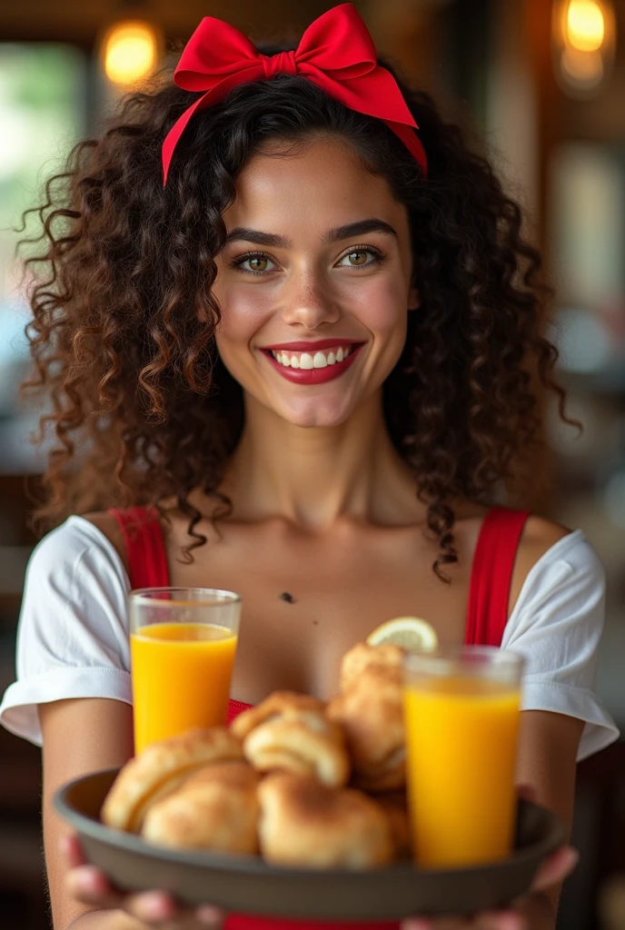 Beautiful cute Brazilian brunette with green eyes, very curly hair, fine nose, very discreet red lipstick, beautiful smiling, rounded face, Dressed as a restaurant waitress, with a red bow matching the lipstick above the forehead going around the inside of the hair, with hands in front of him with a tray with snacks and juice showing it to the camera, blurred restaurant background environment, high quality 4 k, camera 35mm