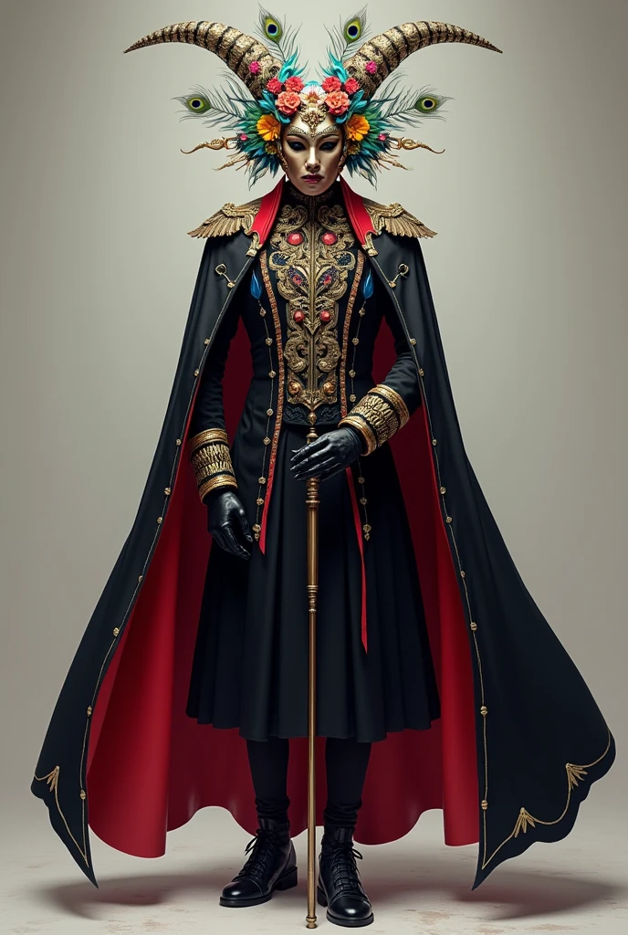 The foreman wears a mask decorated with peacock feathers., which gives it an imposing and majestic appearance. The mask is colorful, adorned with floral details around the face, and has horns that extend upwards, adding a scary and mystical touch. on your shoulders, He wears a black cape with red inner edges and some colored ribbon details.. The cape flutters with its movement, providing dynamism and highlighting its presence. Under the cloak, She wears a black dress that reaches to her knees. The dress is elegant and simple, allowing the cape and mask to be the most striking elements of your outfit. To complete your look, The foreman holds a cane in her hand, which accentuates its central role in the dance and reinforces its authority.
that the dress reaches the knees
