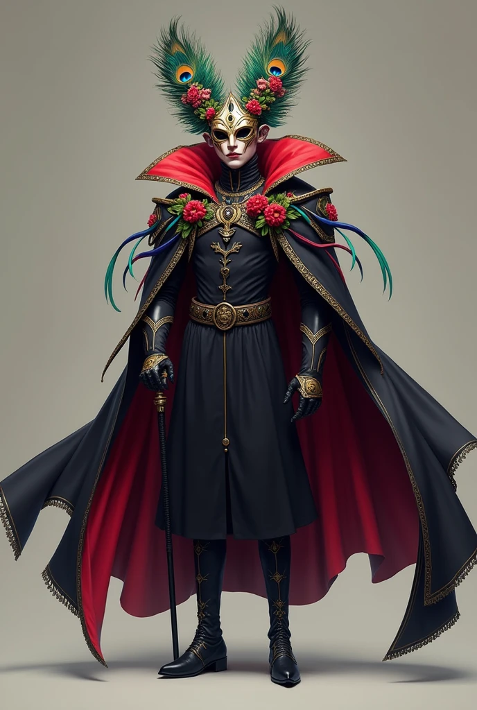 The foreman wears a mask decorated with peacock feathers., which gives it an imposing and majestic appearance. The mask is colorful, adorned with floral details around the face, and has horns that extend upwards, adding a scary and mystical touch. on your shoulders, He wears a black cape with red inner edges and some colored ribbon details.. The cape flutters with its movement, providing dynamism and highlighting its presence. Under the cloak, She wears a black dress that reaches to her knees. The dress is elegant and simple, allowing the cape and mask to be the most striking elements of your outfit. To complete your look, The foreman holds a cane in her hand, which accentuates its central role in the dance and reinforces its authority.
that the dress reaches the knees 