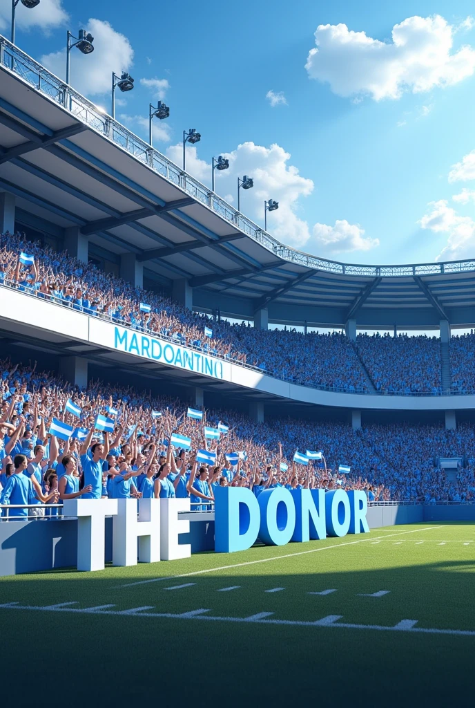Generates a football stadium grandstand, that the stands be half light blue and half white, a hobby with small flags of light blue and white.
And a large white sign with light blue letters that says "THE DONOR"