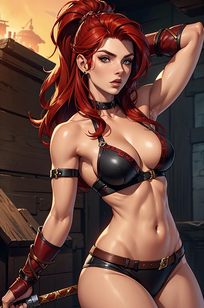 A woman with red hair, a very beautiful berserker woman, sultry body, with the face of Actress Ashley Greene, a barbarian pirate trailblazer, wearing a warrior's leather armor, wearing left eye patch, similar to Red Sonja, Marvel heroine style, 8k, best qualityer, appearing from head to toe, walking on the beach.