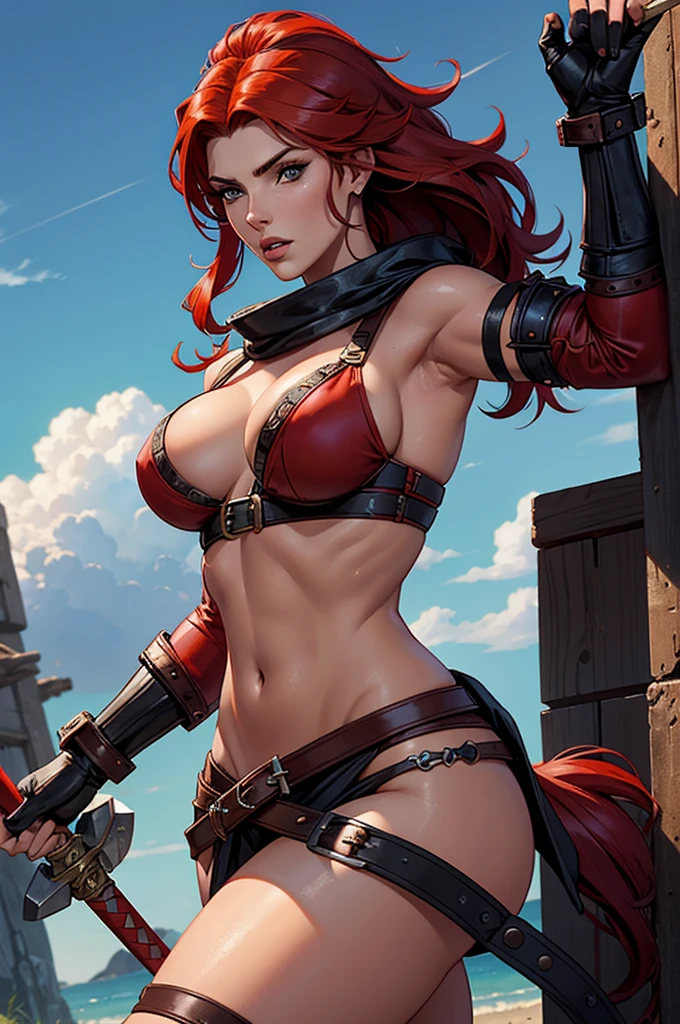 A woman with red hair, a very beautiful berserker woman, sultry body, with the face of Actress Ashley Greene, a barbarian pirate trailblazer, wearing a warrior&#39;s leather armor, wearing left eye patch, similar to Red Sonja, Marvel heroine style, 8k, best qualityer, appearing from head to toe, walking on the beach.