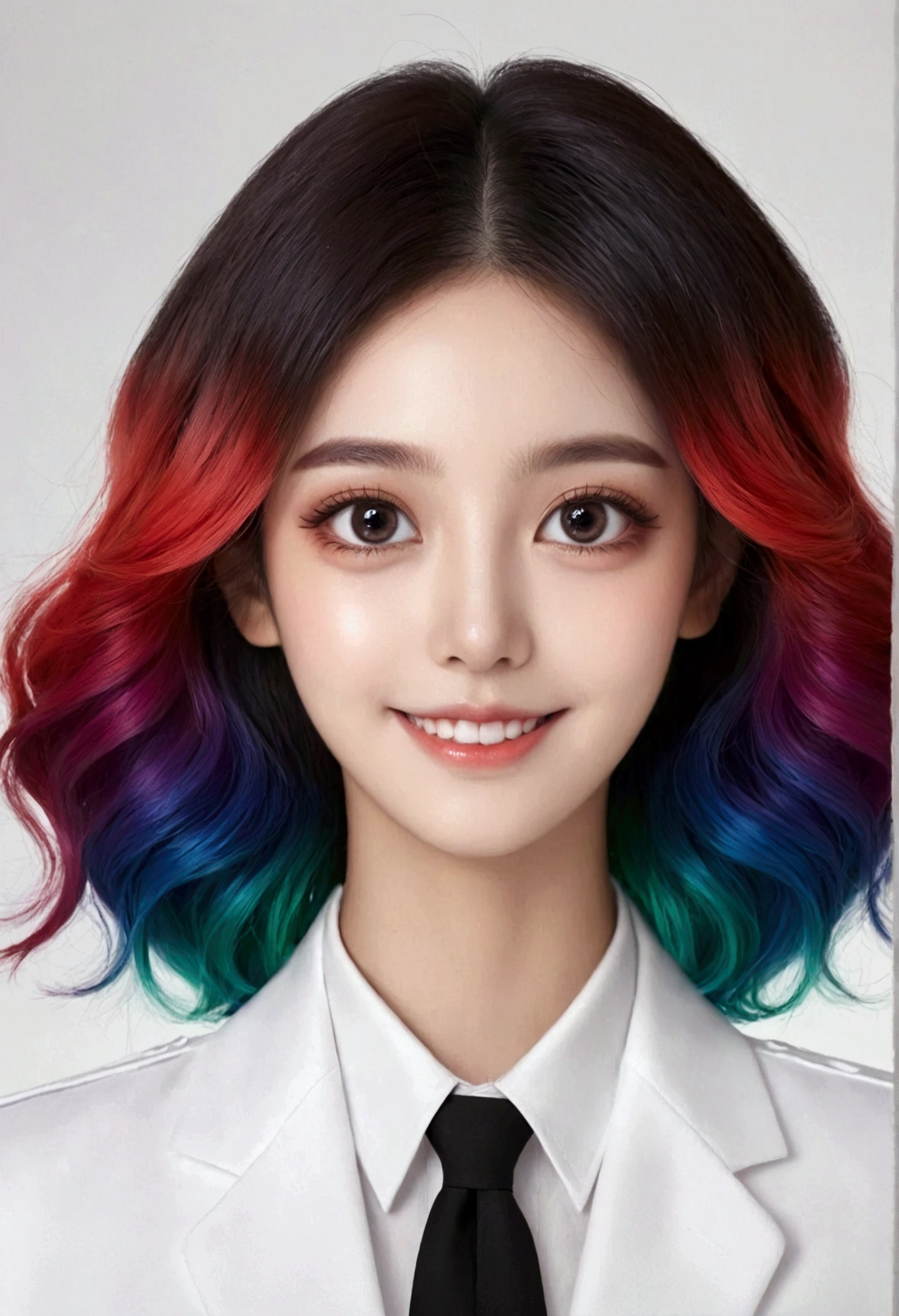 Digital Art Girl Portrait，Smile，solitary，symmetry，Gradient hair，Colorful big eyes，Fashionable and exquisite facial features，Exquisite makeup，White work clothes，Clean and simple background