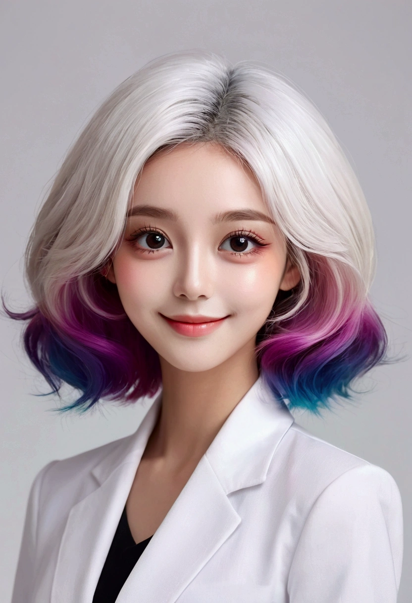 Digital Art Girl Portrait，Smile，solitary，symmetry，Gradient hair，Colorful big eyes，Fashionable and exquisite facial features，Exquisite makeup，White work clothes，Clean and simple background