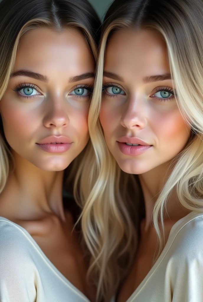 2 European woman with almond-shaped blue eyes. She has round, arched brown eyebrows that contrast beautifully with her light long blonde hair. Her nose is small and well-proportioned. Her complexion is fair, with a natural, soft glow. She wears a simple, light-colored top that enhances her youthful and fresh appearance.