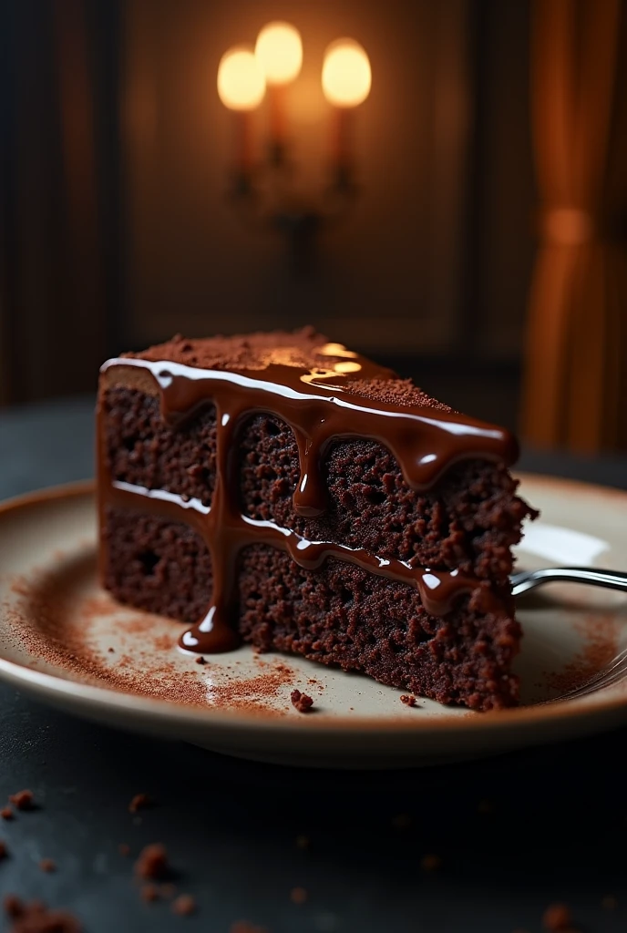 Chocolate cinematic movie scene, bolo de chocolate, darkness background, quality photo, Wet texture, penthouse, studio photo, slice. shallow depth of field, vignettes, highly detailed, high budget, bokeh, cinemascope, temperamental, epic, comely, film grain, grainy.