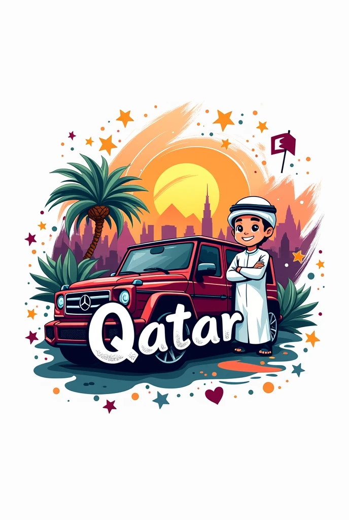 Vector art illustration of an abstract graffiti style logo for "I love my country". The logo is a cartoon image of a smiling Qatari boy in traditional dress standing on the right and an SUV on the left, with mountains, a palm tree and the capital Doha in the background. The background is a vibrant white color. The graffiti style includes elements such as stars, a camera and swirls. The logo also has the text "Qatar" in the middle of the image.
