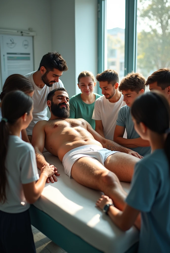 In an anatomy classroom, a handsome young Iranian man, stark, very bearded and hairy body, is lying on an examination table completely, wearing only white underwear. He is touched and examined closely by a group of curious casually dressed students around him., all focused on learning about the human body. The school classroom is bright. 