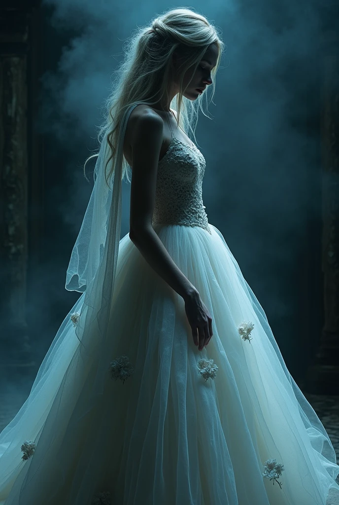 Make me a mental health inspired dress that has a pearly white color palette, indigo blue, negro, and blood red. That includes muslin as fabric, tulle and velvet, that is inspired by mental problems and has a gothic touch