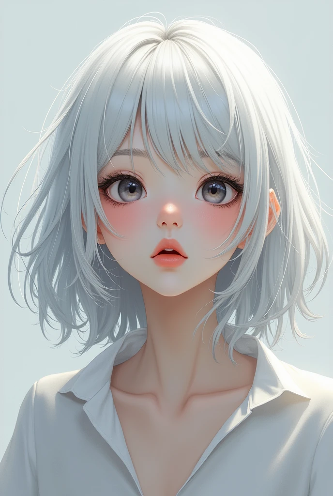 Create a white one with bangs and hair that goes a little past the shoulders and that it is white, and have eyes in love with me, and with an open mouth and black hair