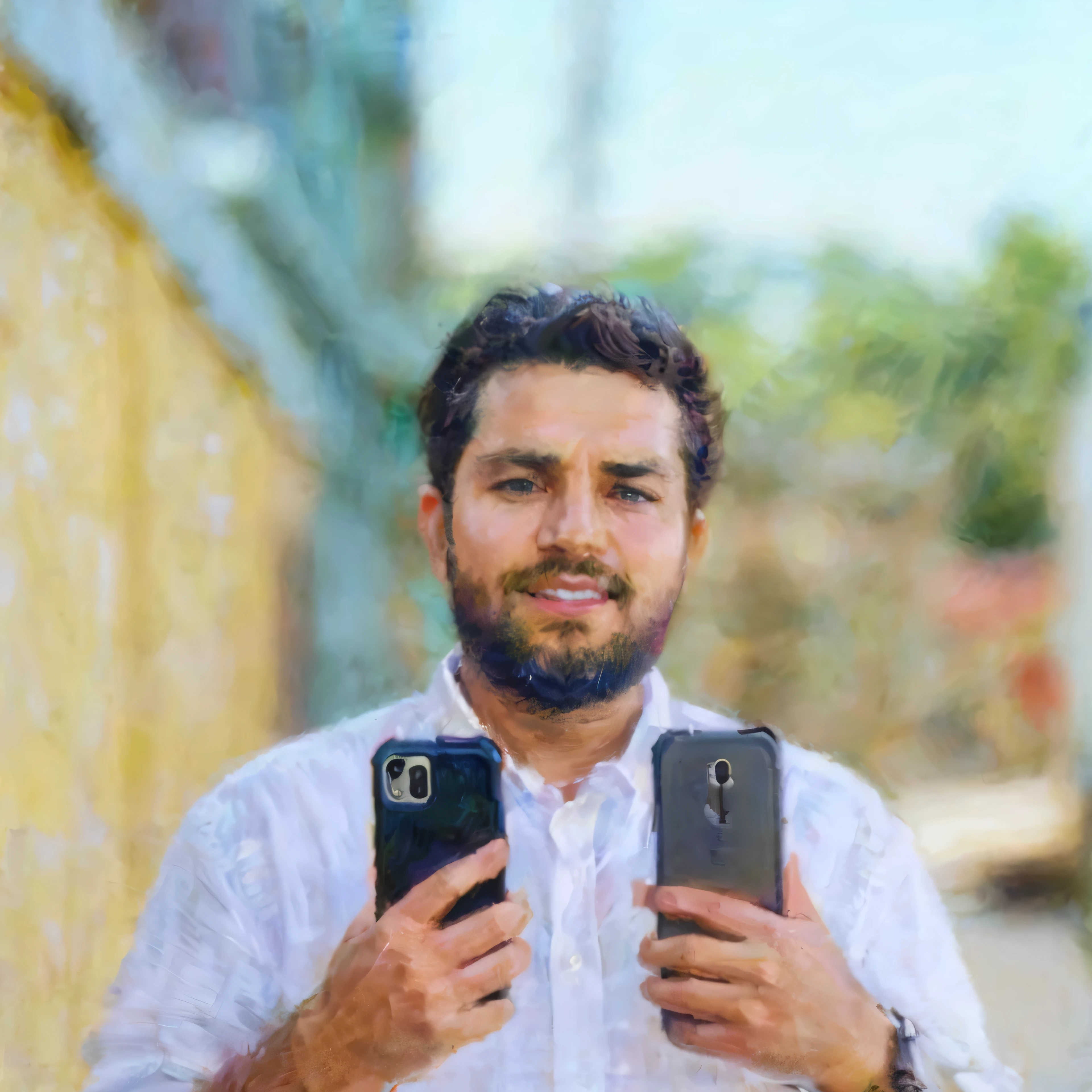 there is a man holding two cell phones in his hands, kyza saleem, holding a very advance phone, by Max Dauthendey, riyahd cassiem, portait photo profile picture, profile picture 1024px, by Dan Content, he is holding a smartphone, portrait mode photo, profile picture, mohamed chahin, profile picMasterpiece on canvas in the style of Claude Monet, extremely beautiful, detailed landscape, elements of surrealism, symbolism and surrealism, intricate design, foliage, flowers, landscape, pastel colors