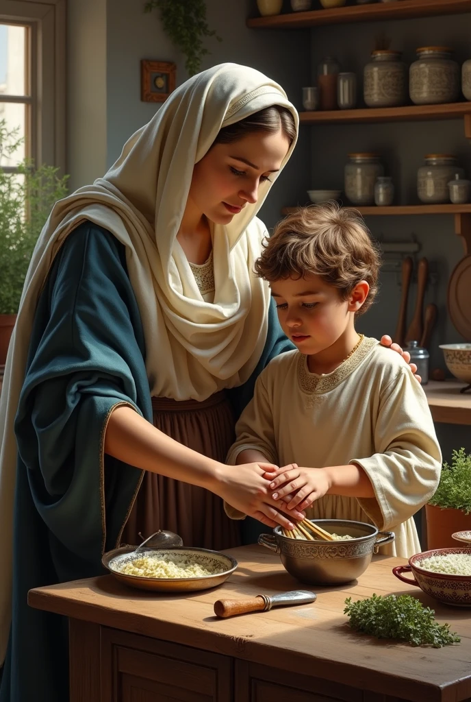 Our Lady teaching Jesus how to cook when he was a child