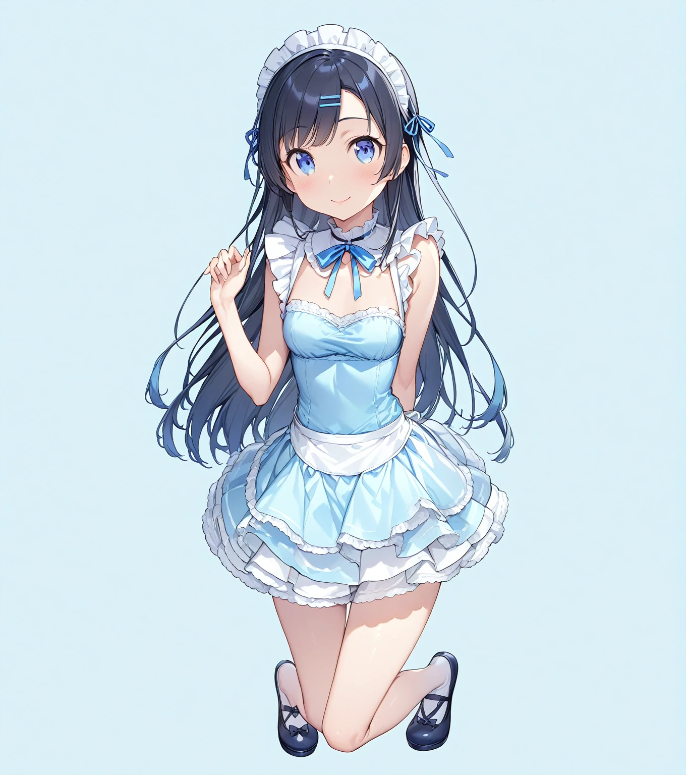 (Full Body Shot:1.6), (Standing),
(Masterpiece 1.3), (Highest quality), (High resolution), (Very detailed), (Best illustrations), Best Shadow, (so beautiful:0.9), (very cute),
(AyaseAragaki),
Black Hair, Long Hair, amount, Hair Clip, Blue eyes,
smile, Shyness, Pitiful,
Small breasts, Round Breasts, Iris, round face, Beautiful lip detail,
Perfect limbs, Perfect Anatomy, Thin legs, Five perfect fingers, Big eyes, Iris, (slender), Tight waist,
Delicate and smooth skin, Beautiful Skin, Textured skin, Attractive body,
smile, 恥ずかしそうなsmile,
Erotic,
Red maid clothes, Short skirt, ribbon,
Blue striped underwear, White frilly underwear, 小さいribbonが付いてる下着,
(Light blue background:2.2), (Light blue studio),
Bright colors, Delicate fabrics, Attention to detail, Beautiful consideration,
(from the front),