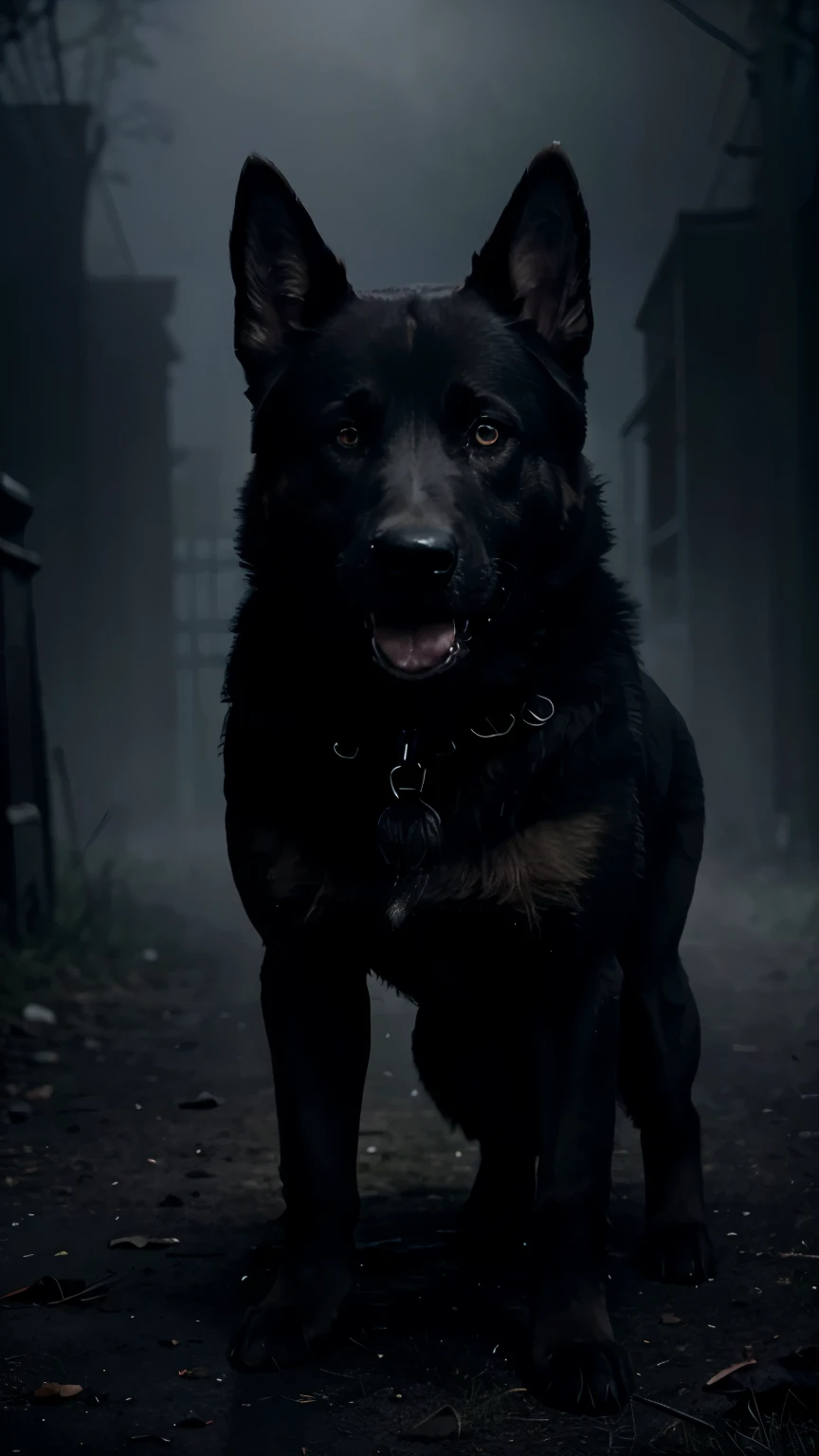 Create a realistic and terrifying image of a single dog, such as a German Shepherd , with a fierce expression, showing its teeth and intense, glowing eyes. The dog should have a muscular build, standing in a dark, eerie setting with shadows and mist, enhancing its menacing presence.