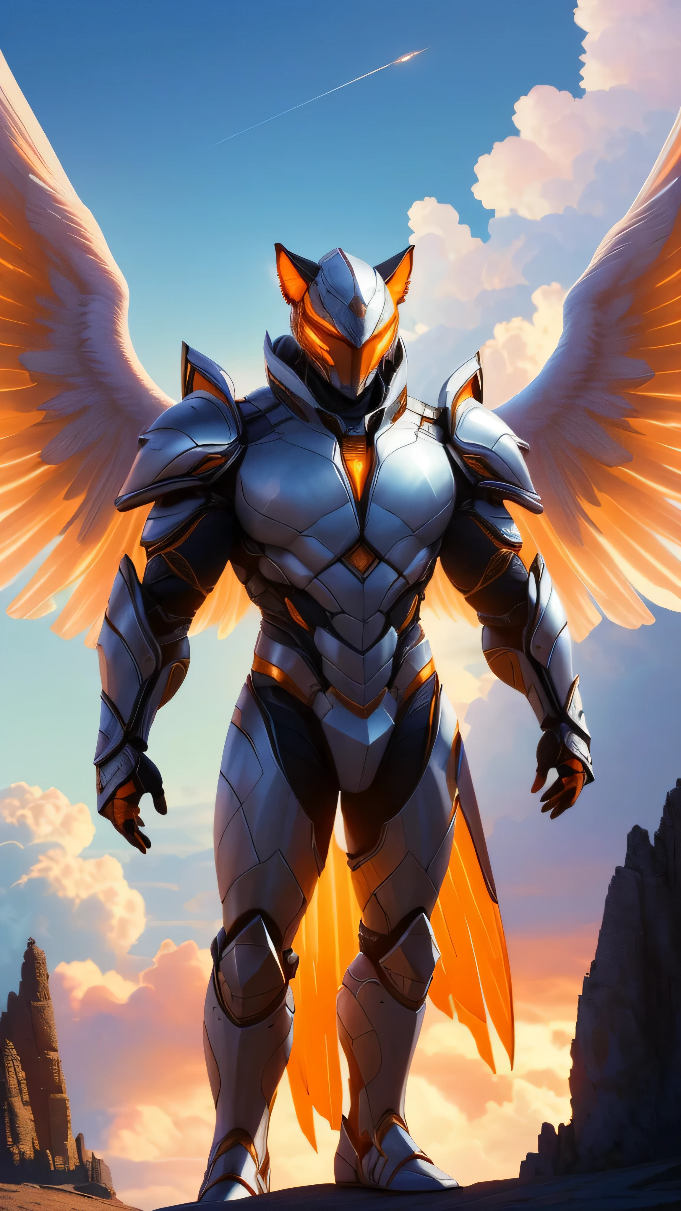 powerful humanoid creature, head of a feline, ((white)) futuristic armor, large white wings with orange accents, muscular arms crossed over chest, dramatic cloudy sky, warm light, epic otherworldly atmosphere, 1man, solo, full body view, (masterpiece, best quality), (hyper realistic:1.6), ((detailed face)), ((award-winning)), (sharp), (8k resolution), (cinematic lighting)