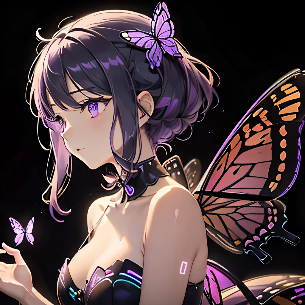 Many purple butterflies、Background black、Line Art、Neon lights