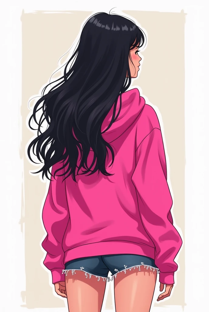 Une jeune fille très fine de dos avec une veste à capuche rose. C'est long cheveux noirs, tombant, jusqu'en bas du dos dans un style graphique. Bande dessinée 2D la veste à capuche doit être mis en avant. Elle doit vraiment être dodo face à l'image