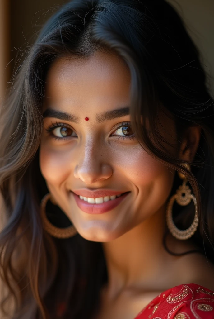 A captivating, high-fashion close-up portrait of a radiant young Bengali woman, exuding warmth and charm. Her expressive eyes are the focal point, framed by a cascade of dark hair. She wears bold, round earrings that accentuate her natural beauty. The background is artfully blurred, emphasizing her mesmerizing features and drawing the viewer in. The image showcases the exceptional edge definition of the Fujifilm X-T4 and the stunning quality of the Sony FE 85mm f/1.4 GM lens, making it a true masterpiece suitable for a prestigious fashion magazine., photo, fashion