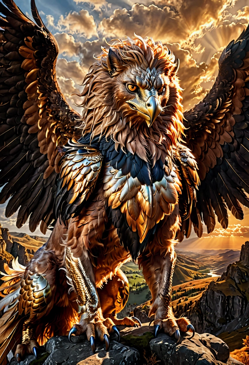 Griffin, a griffin, highly detailed, cinematic lighting, dramatic angle, fantasy art, muscular body, sharp talons, piercing eyes, majestic wings, powerful presence, rugged terrain, golden hour, dramatic shadows, intricate feather texture, flowing mane, 8k, masterpiece, best quality, very aesthetic, absurdres
