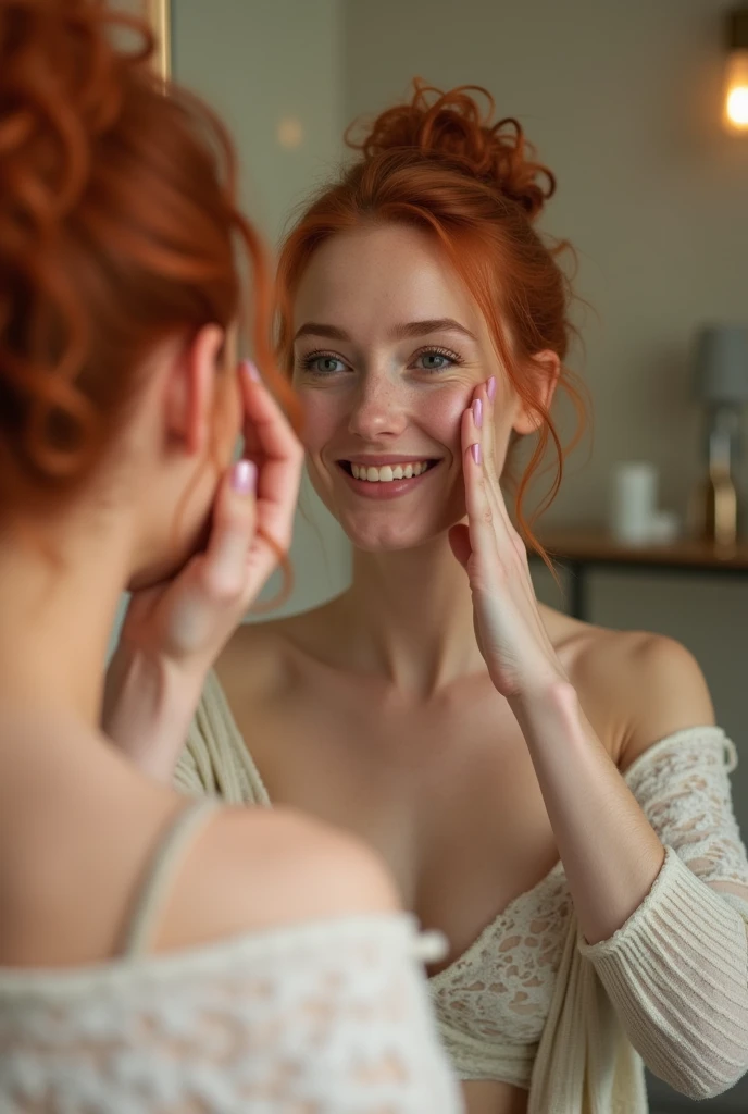Have a redheaded woman apply skincare product from her luxurious bathroom