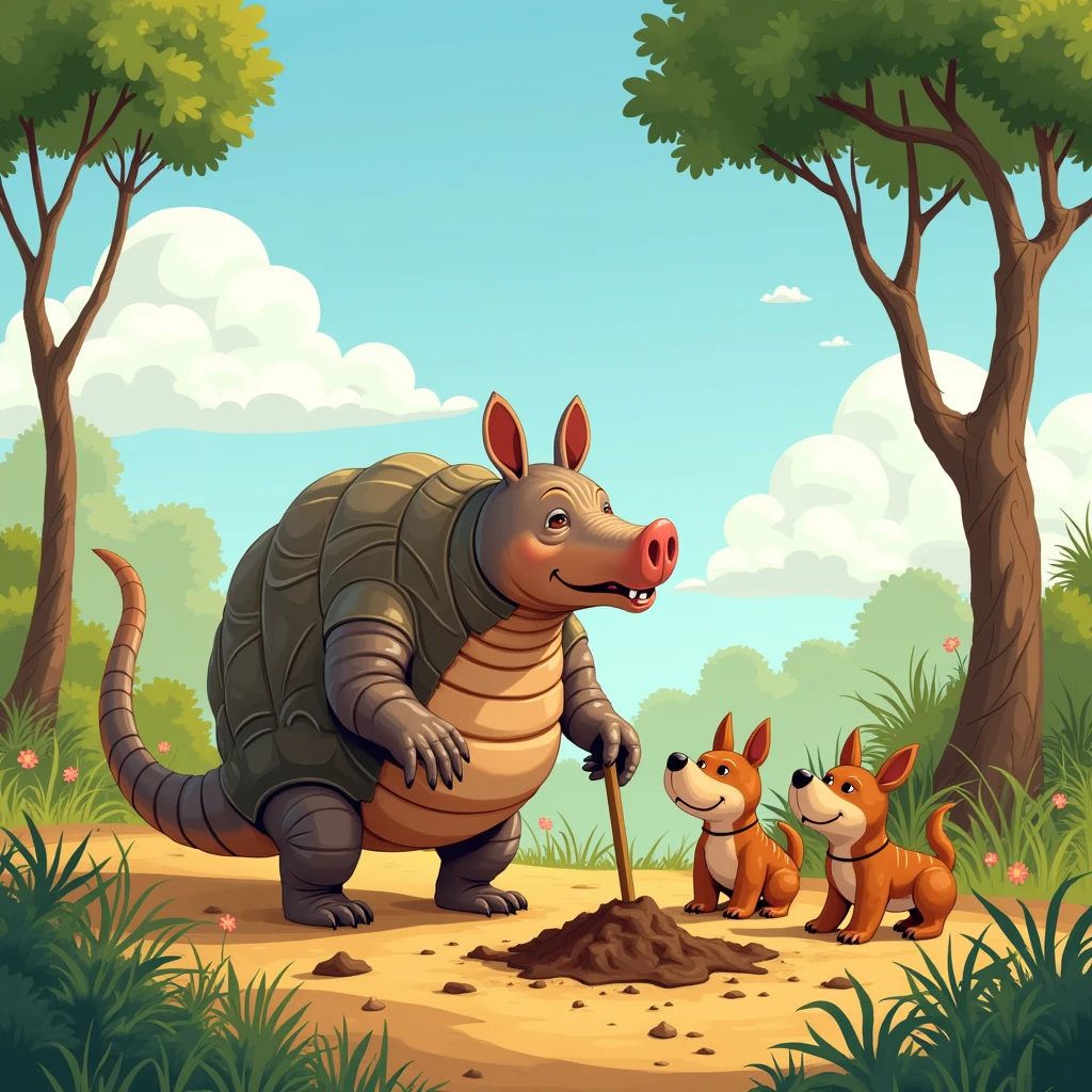"In a playful and colorful style with touches of magical realism, Tonic, the giant armadillo (Priodontes maximus), It's a sunny morning in the Cerrado, with the bright blue sky above. He is starting to dig the ground to build a fence around the pequi trees. (Brazilian Caryocar) to protect the precious seeds. your puppies, teak, Tito, Tuca and Tico, observe him with curiosity and enthusiasm, ready to help. The scene is surrounded by typical Cerrado vegetation, including native grasses such as goat's beard (Andropogon bicornis), small murici bushes (Byrsonima crassifolia), and everlasting flowers (Paepalanthus spp.). The characters' vibrant colors and friendly expressions create a sense of unity and purpose., with simplified natural details, well-defined contours and soft textures that make the illustration magical and welcoming for the audience ."