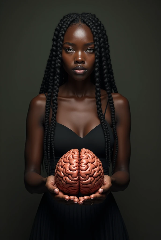 Create a very realistic dark-skinned woman, dressed in a long skirt and braids in her hair with a brain in her left hand and a heart in her right hand 
