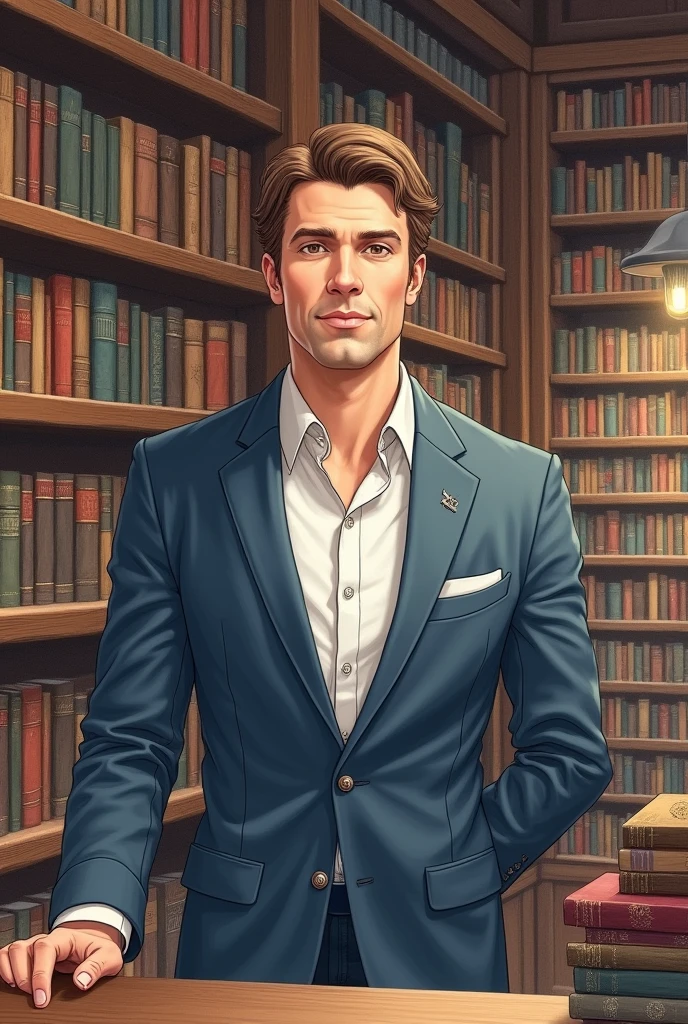 CREATE A DRAWING OF AN ADULT MAN WITH BROWN HAIR PARTED IN THE MIDDLE, White skin color, WITH FORMAL CLOTHES IN BLUE AND WHITE, SERVING IN A BOOKSTORE