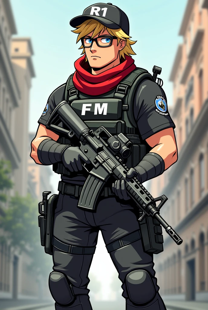 Animated cartoon character with a blond man wearing a bulletproof vest that says FM, an AR15, black cap that says R1, black shirt PROSECUTOR'S OFFICE, black pantaloon, tactical boots and red scarf around the neck, with glasses