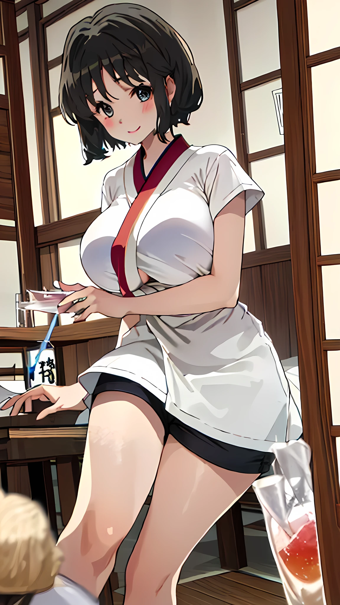 Japanese women、short hair、Black Hair、White Gal、smile、Sunburned skin、Beautiful breasts、sexy、T-shirts now available、Izakaya、drink alcohol、Red cheeks、Browsing Caution、Dimly lit room、Shorts、I can see big boobs、Shorts、Division is separated、