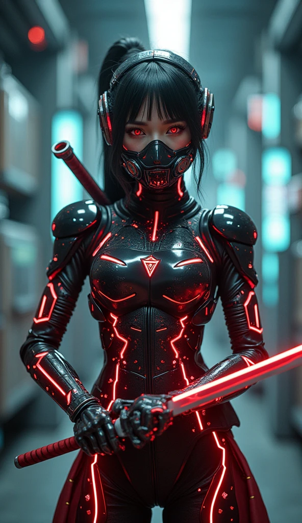 (best quality), future, 1girl, solo, miko motif exoskeleton suit, led, gas mask, holding blade, machinery, digital engraving, ultra highres, absurdres, deep glow effect, hdr, light particles, cinematic lighting, depth of field