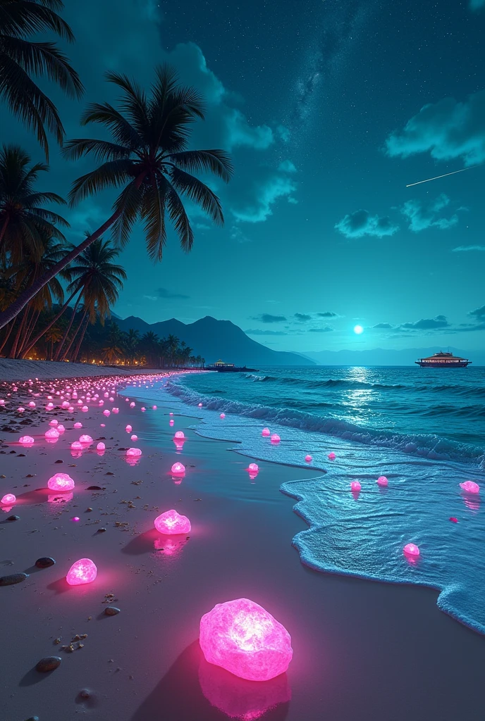 (Dusk sunset),The beach is covered in blue and green fluorescent light,(Many beautiful colored stones like glass are tered all over the beach,Beach with HD quality)(Very beautiful various luminous stones sparkling all over the beach,Crystal clear),(beautiful beach,starry sky,Dreamy style,Dreamlike scene,HD Photography,star-sparkled,Shooting star,Flowers floating in the water,Coconut trees grow along the coastline,Small bridges and flowing streams lead to distant islands,Wide-angle view,Teal blue color toned,Fluorescent waves rolling on the beach,Seaside style,Rose petals scatd around the coast), Elf Light,star,Light spot,the sea with fluorescence,the shining golden beach,Matte by Michael James Smith,reflection,CG Rendering,Volumetric Light,Space Art,Bioluminescence,Unreal Engine 5,The magic of light,Unreal Engine Rendering,Ultra wide angle,Ultra wide angle,HD。