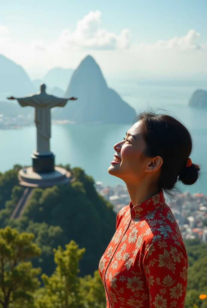 I need a happy Chinese woman looking at Christ the Redeemer in Rio de Janeiro 