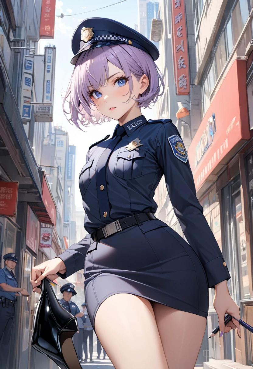 ((best quality)), ((Masterpiece)), (details), 1 woman, small breasts, light purple hair, blue eyes, ((short hair)), smooth , Beautiful face, Beautiful skin, Long eyelashes, Thick eyelashes, address in city, Female police officer ,hat,uniform , Pencil skirt,high-heels