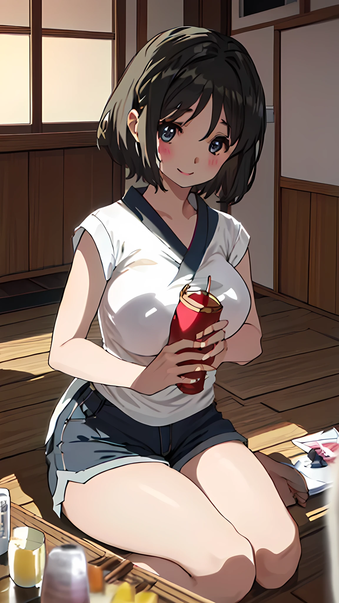 Japanese women、short hair、Black Hair、White Gal、smile、Sunburned skin、Beautiful breasts、sexy、T-shirts now available、Izakaya、drink alcohol、Red cheeks、Browsing Caution、Dimly lit room、Shorts、I can see big boobs、Shorts、Division is separated、