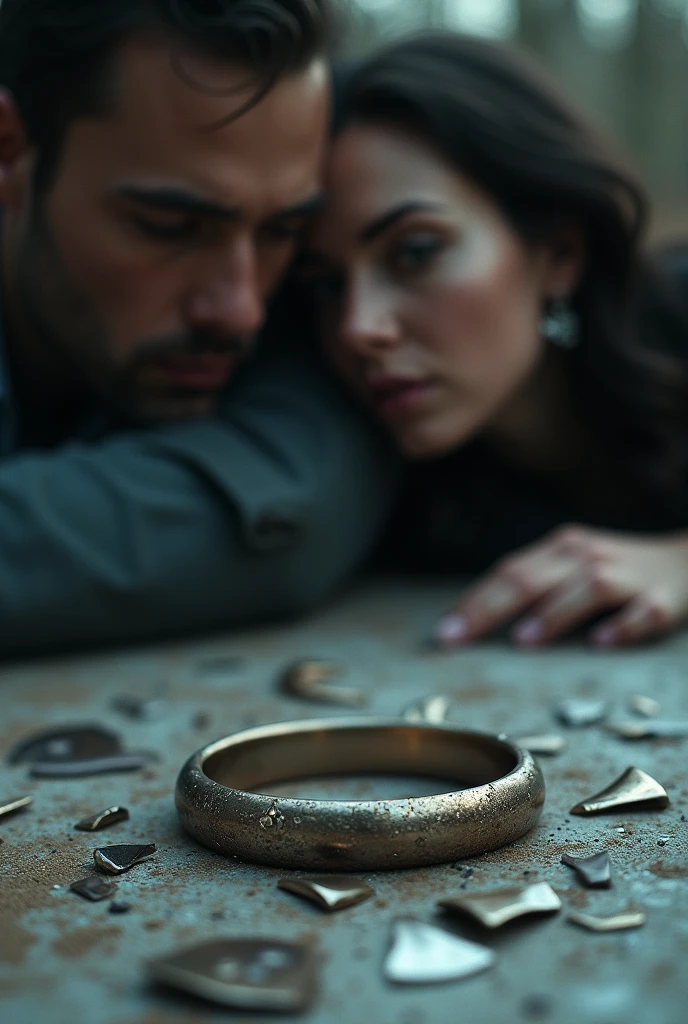 a couple's wedding ring shattered into pieces