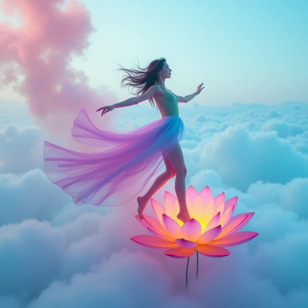 Running on blue clouds, background color pale lilac lilac Mix of rainbow smoke and fog effects from colored pale blue fog on the ground and petals). Extravagant, beautiful woman full length, nice legs, shoes, in a fast dance in a flying pose, (Ultra detailed face, hyperrealistic) posing Giant Rainbow Lotus , center of rainbow in photo, woman looking at viewer, разрешение 8 K, masterpiece, top quality, the skirt flutters strongly in the wind, 8 K,12K,