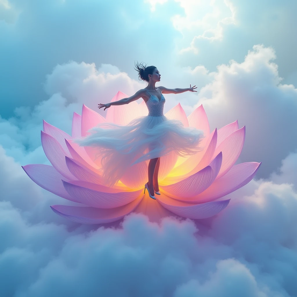 Running on lilac clouds, background color pale lilac in the distance from the fog around and at the feet, minimalist, elegant, pure gentle, soft lilac light, veil,lace, photorealistic. Giant purple lotus , with huge and long purple petals. (petal made of thin and soft tulle, flowing petals full background, floating petals, hyperflying petals, at the feet Mixture of purple smoke and fog effects from colored blue fog on the ground and petals). Extravagant, beautiful woman full length, nice legs,shoes, in a fast dance in a flying pose, (Ultra detailed face, hyperrealistic) , 8 K,12K,