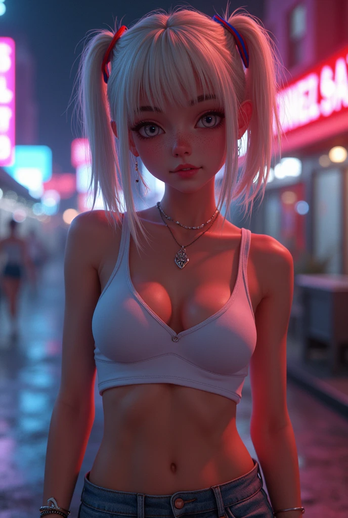 (best quality,4k,highres,ultra-detailed,realistic:1.2), (a skinny Caucasian girl with perky breasts:1.0), messy blonde hair with red and blue pigtail,s (whitish blonde hair), thin body, 8-pack abs, fitted white tank top, earrings, necklace bracelets out in the street at night, neon lights and advertising, close-up portrait, hard nipples, cute, youthful, skinny body, wearing tiny jean shorts, (unbuttoned jean shorts:1.1), smirking, slutty, thin body, skinny body, (thigh-gap:1.4), (tiny waist:1.0), (perky round breasts:1.3), slutty girl, horny girl, lustful, seductive look