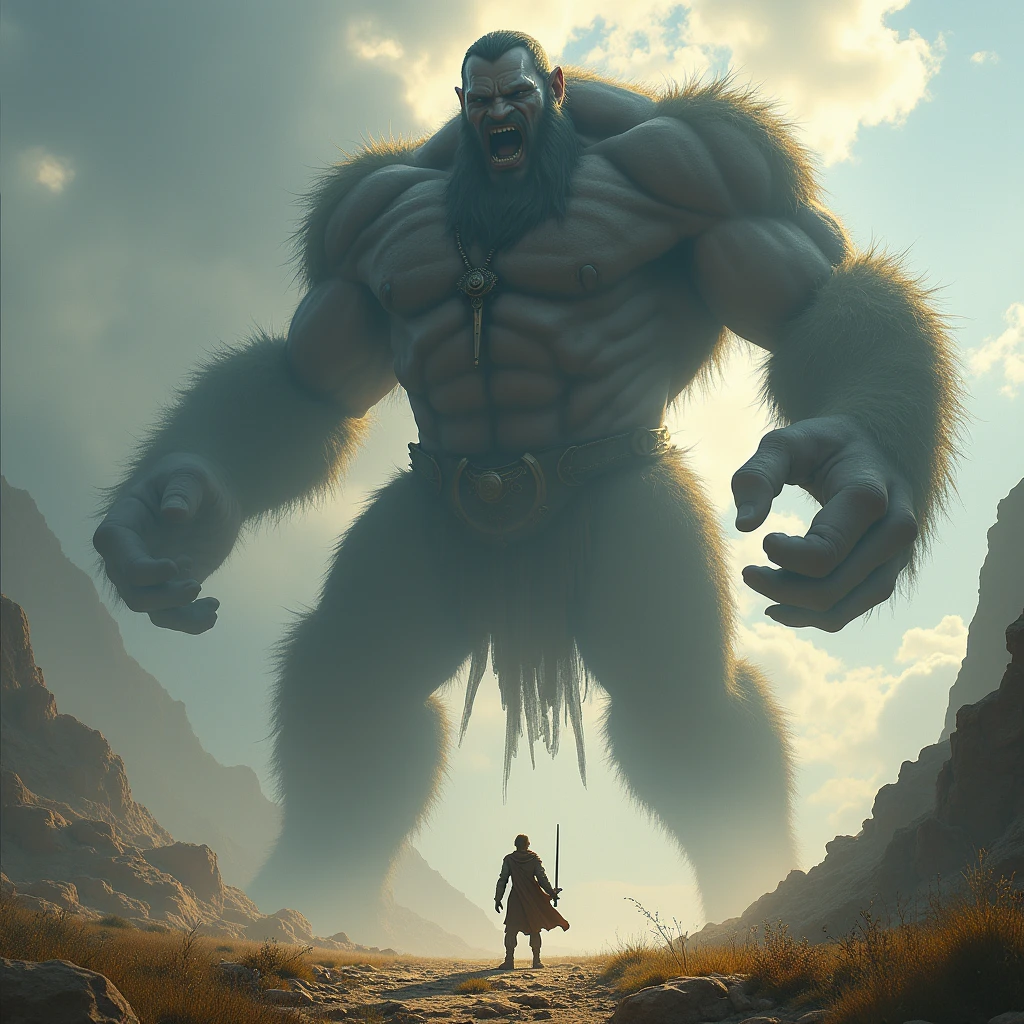 A person facing a towering, intimidating giant. The person is small and vulnerable, but they are filled with courage and faith. With a mighty swing of their sword, the person strikes down the giant, symbolizing their victory over fear and doubt.