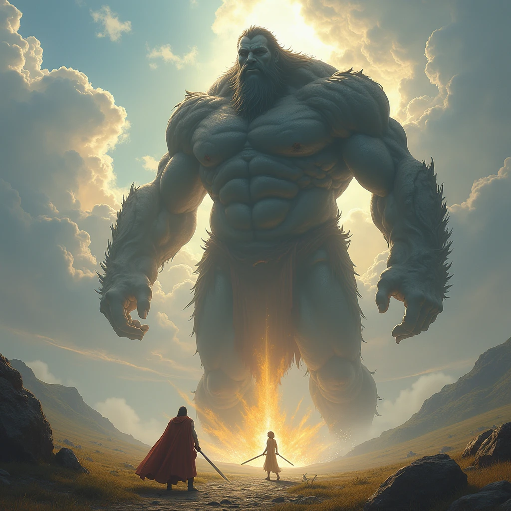A person facing a towering, intimidating giant. The person is small and vulnerable, but they are filled with courage and faith. With a mighty swing of their sword, the person strikes down the giant, symbolizing their victory over fear and doubt.