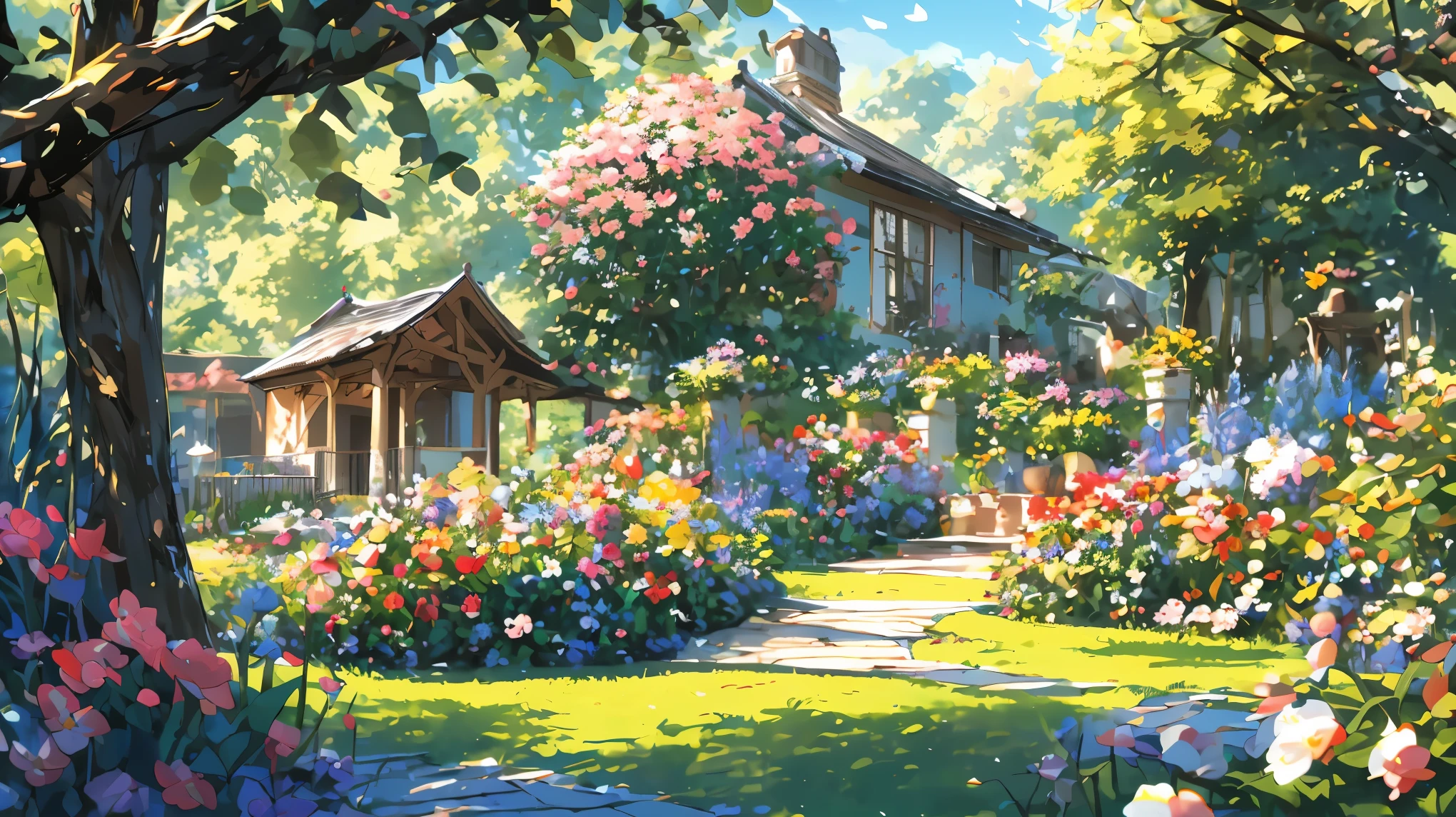 A colorful summer garden, filled with blooming flowers and vibrant greenery, surrounded by a white picket fence. The garden is teeming with life, as butterflies flutter around and bees buzz from flower to flower. The sun shines brightly, casting warm rays of light onto the scene and creating a beautiful play of shadows and highlights. The colors of the flowers are vivid and varied, ranging from deep reds and oranges to soft pinks and purples. The garden is well-maintained, with neatly trimmed hedges and perfectly arranged flower beds. The air is filled with the sweet scent of the blossoms, adding to the sensory experience of the scene. The overall atmosphere is peaceful and serene, inviting the viewer to immerse themselves in its beauty. The artwork is created using traditional painting techniques, with meticulous attention to detail and a rich texture that adds depth to the composition. The image quality is of the highest standard, with ultra-detailed brushstrokes and vivid colors that bring the scene to life. The artistic style of the painting is reminiscent of Impressionism, with a focus on capturing the fleeting moments and the play of light and color. The color palette is vibrant and lively, with an emphasis on warm tones to reflect the cheerful and vibrant mood of the scene. The lighting in the garden is soft and diffused, creating a gentle and dreamy atmosphere. The sun casts long shadows on the ground, adding depth and dimension to the composition. Overall, the prompt aims to create a vivid and visually stunning representation of a summer garden, capturing the beauty and tranquility of nature in all its glory.