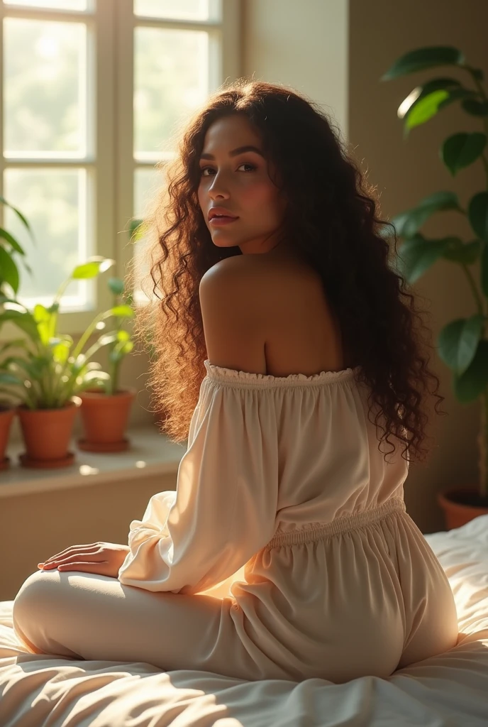 (photorealism:1.2), beautiful woman, sitting on bed, wearing loose off-shoulder top, pajama pants, long curly hair, indoors, soft lighting, plants in background, window with sunlight, cozy room, relaxed pose, realistic, intricate details, warm colors, by Greg