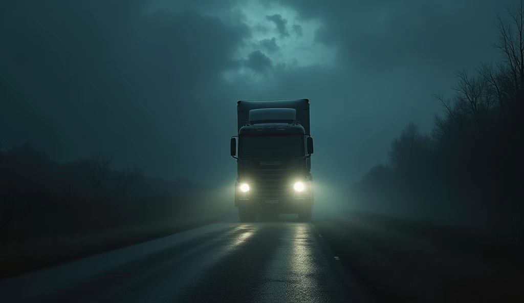 a terrifying macabre truck traveling on a dark road, only the headlight illuminating the scene, night of horror, 1 truck, detailed headlights, detailed dark clouds, detailed dark atmosphere, dark moody lighting, dramatic chiaroscuro, gothic horror, dramatic shadows, cinematic composition, muted color palette, heavy fog, ominous mood, extremely detailed, photorealistic, 8k, high quality, masterpiece